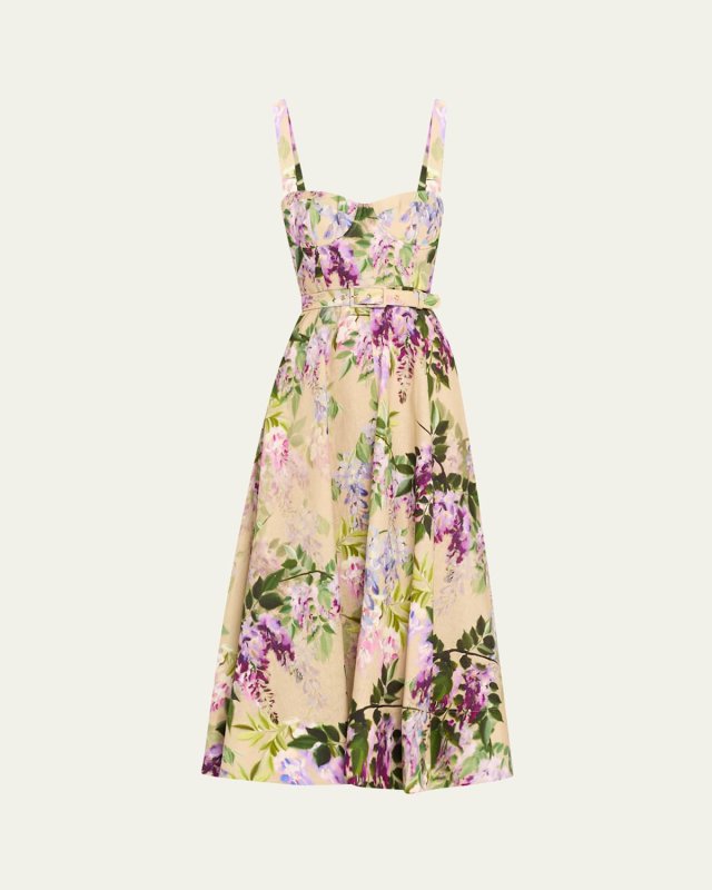 Calypso Sweetheart Bustier Floral Linen Midi Dress